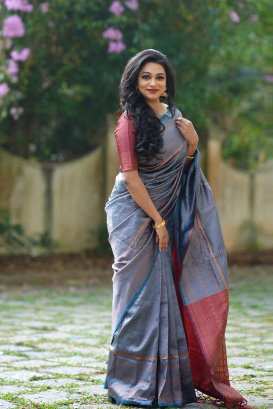 Murmurous Firozi Soft Silk Saree with Super Glittering Blouse Piece