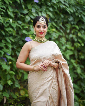 Delectable Beige Soft Banarasi Silk Saree With Scrumptious Blouse Piece