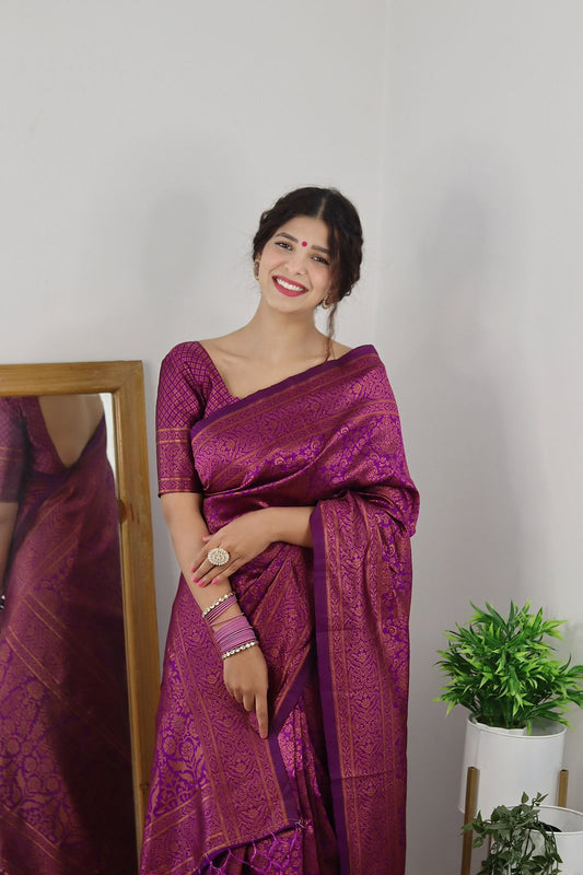 Blooming Purple Soft Silk Saree With Girlish Blouse Piece