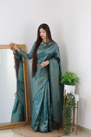 Engrossing Rama Soft Silk Saree With Girlish Blouse Piece