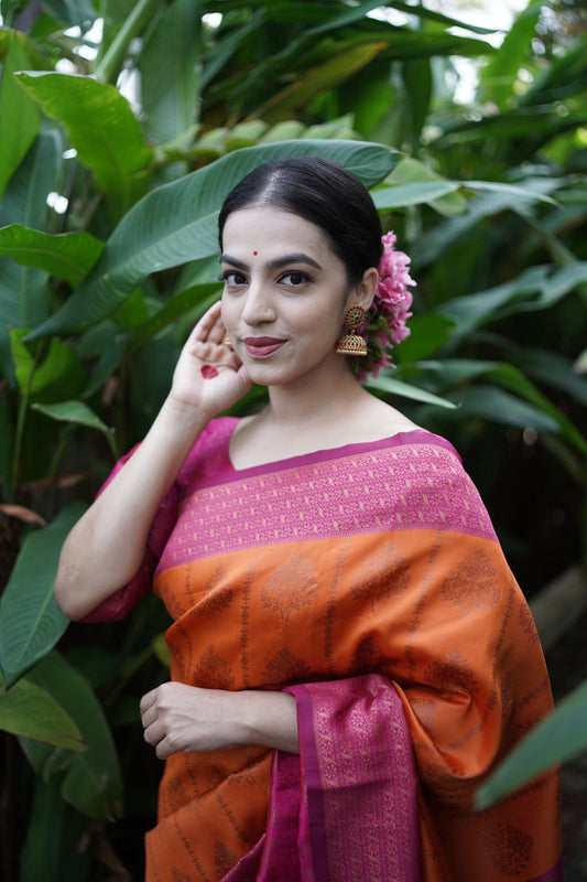 Groovy Orange Soft Banarasi Silk Saree With Girlish Blouse Piece