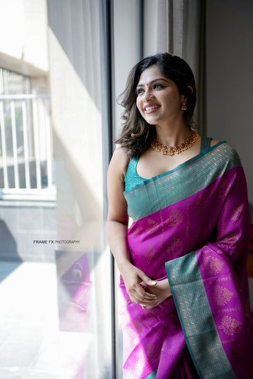 Pleasant Purple Soft Banarasi Silk Saree With Girlish Blouse Piece