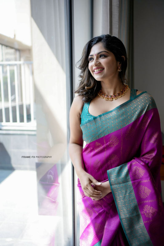 Pleasant Purple Soft Banarasi Silk Saree With Girlish Blouse Piece