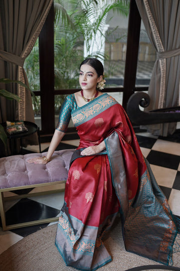Fancifull Maroon Soft Banarasi Silk Saree With Groovy Blouse Piece