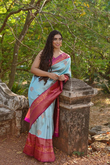 Unique Sky Soft Banarasi Silk Saree With Impressive Blouse Piece