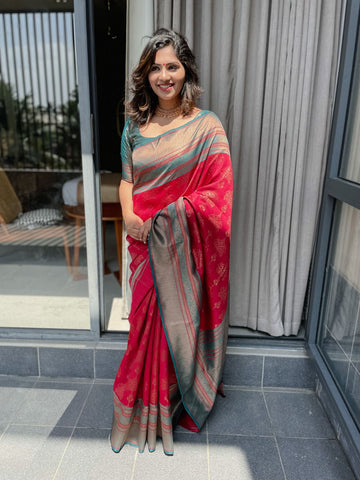 Incredible Maroon Soft Banarasi Silk Saree With Glorious Blouse Piece