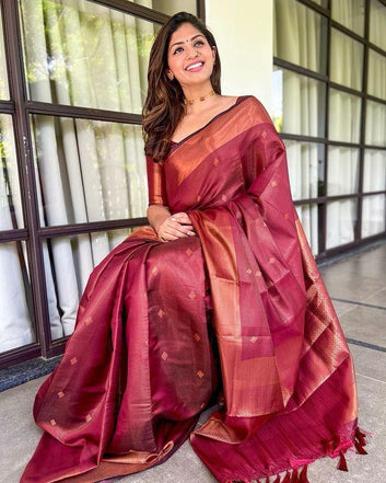 Ravishing Wine Soft Silk Saree With Fairytale Blouse Piece
