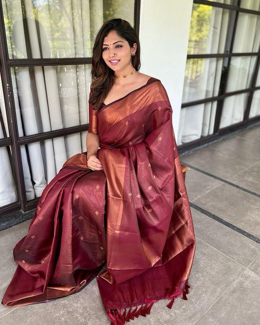 Ravishing Wine Soft Silk Saree With Fairytale Blouse Piece