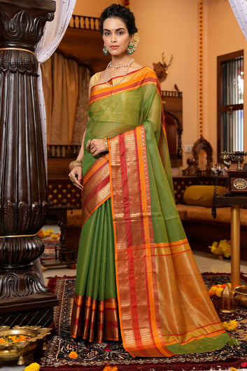 Conflate Green Soft Silk Saree With Fantabulous Blouse Piece