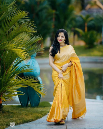 Extraordinary Yellow Soft Banarasi Silk Saree With Sensational Blouse Piece
