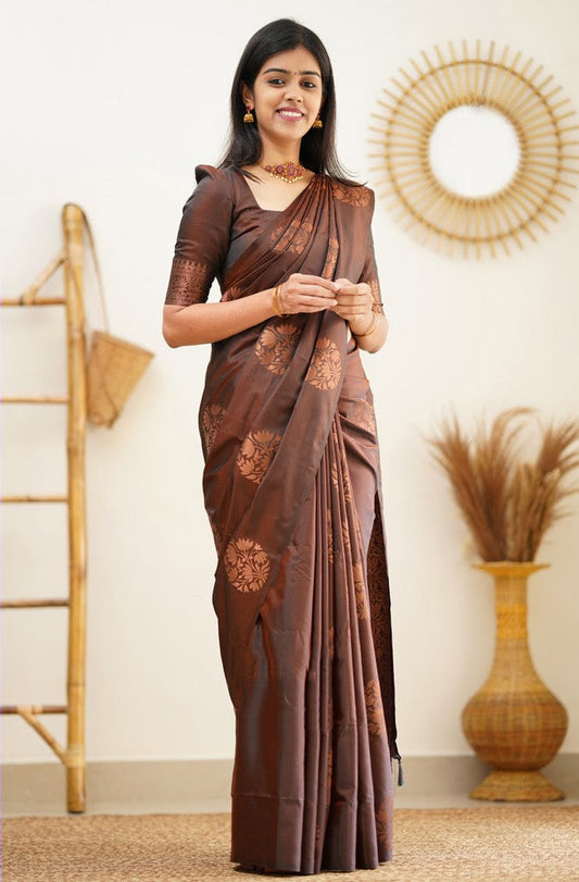 Magnetic Brown Soft Silk Saree With Confounding Blouse Piece