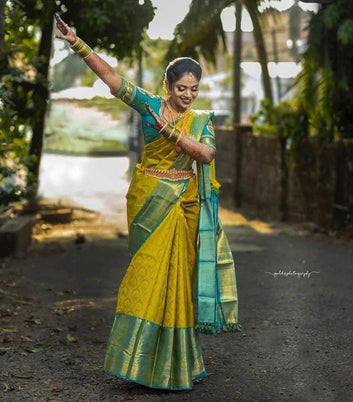 Magnetic Yellow Soft Banarasi Silk Saree With Scintilla Blouse Piece