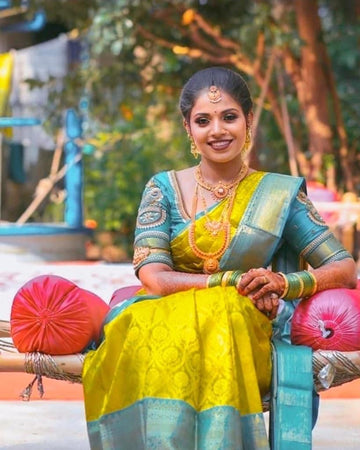 Magnetic Yellow Soft Banarasi Silk Saree With Scintilla Blouse Piece