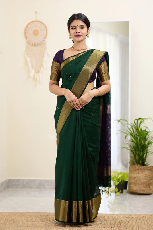 Enchanting Dark Green Cotton Silk Saree With Improbable Blouse Piece