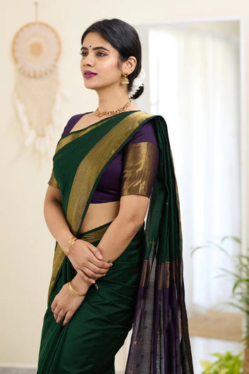 Enchanting Dark Green Cotton Silk Saree With Improbable Blouse Piece