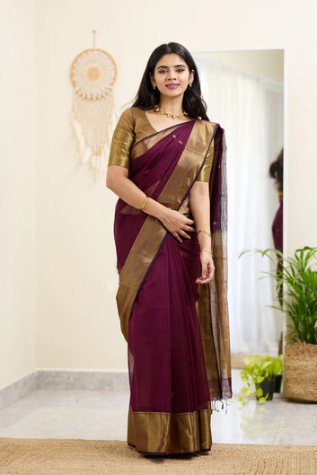 Nemesis Wine Cotton Silk Saree With Sumptuous Blouse Piece