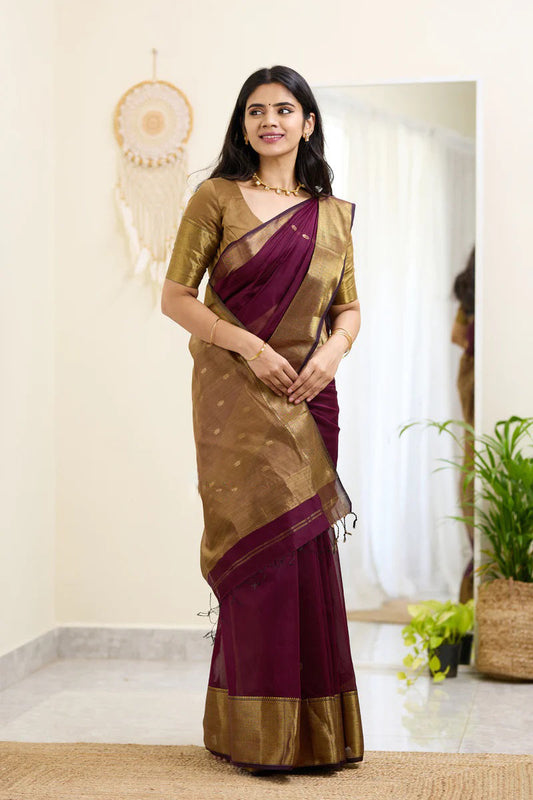 Nemesis Wine Cotton Silk Saree With Sumptuous Blouse Piece
