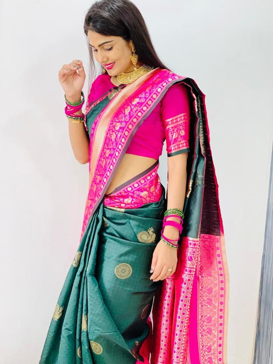 Blooming Green Soft Banarasi Silk Saree With Ethnic Blouse Piece