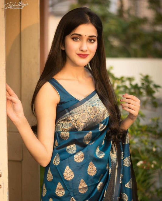 Serendipity Blue Soft Banarasi Silk Saree With Nemesis Blouse Piece