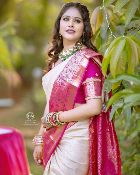 Tremendous Beige Soft Banarasi Silk Saree With Blooming Blouse Piece