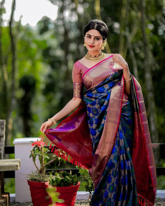 Surreptitious Blue Soft Banarasi Silk Saree With Pleasant Blouse Piece