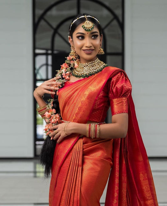 Deserving Red Soft Silk Saree with Energetic Blouse Piece