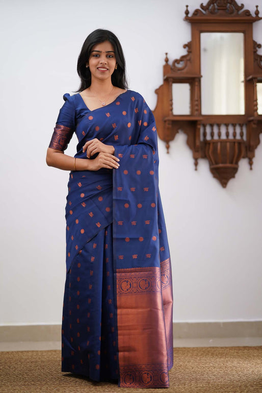 Gratifying Blue Soft Silk Saree With Skinny Blouse Piece