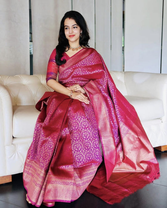 Energetic Dark Pink Banarasi Silk Saree With Gleaming Blouse Piece