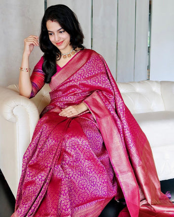 Energetic Dark Pink Banarasi Silk Saree With Gleaming Blouse Piece