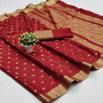 Lagniappe Red Soft Silk Saree With Exquisite Blouse Piece