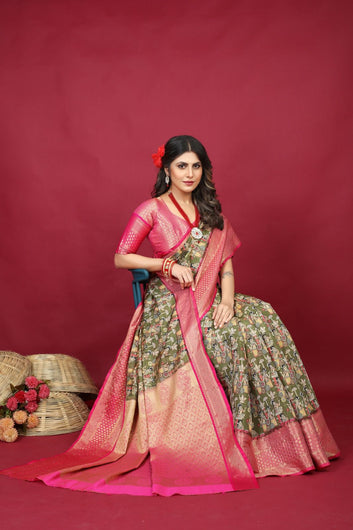 Profuse Mehndi Soft Silk Saree With Improbable Blouse Piece