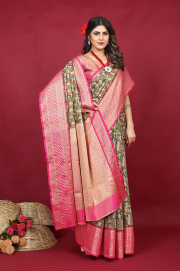 Profuse Mehndi Soft Silk Saree With Improbable Blouse Piece