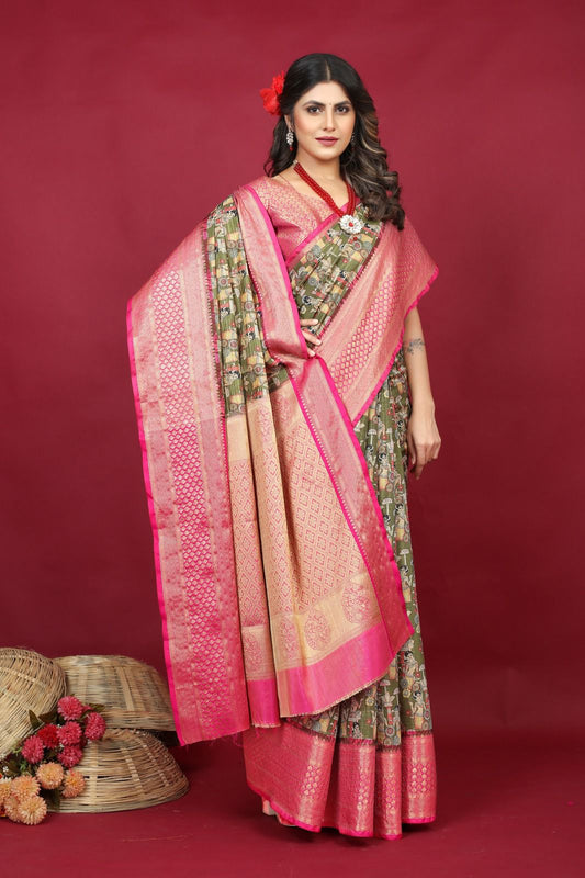 Profuse Mehndi Soft Silk Saree With Improbable Blouse Piece