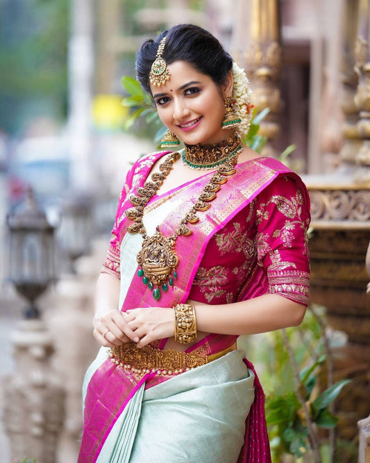 Luxuriant Sea Green Soft Banarasi Silk Saree With Two Smashing Blouse