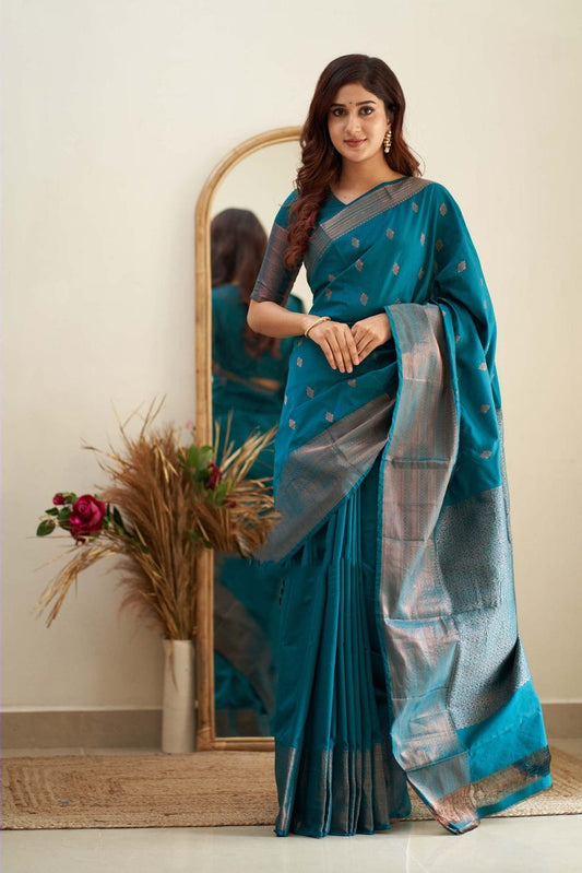 Sumptuous Firozi Soft Silk Saree With Surreptitious Blouse Piece