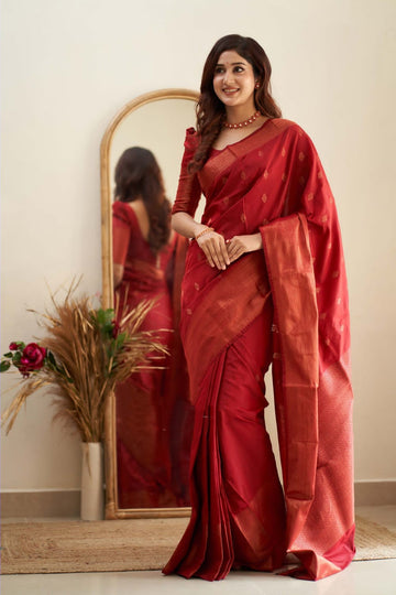 Sumptuous Red Soft Silk Saree With Surreptitious Blouse Piece