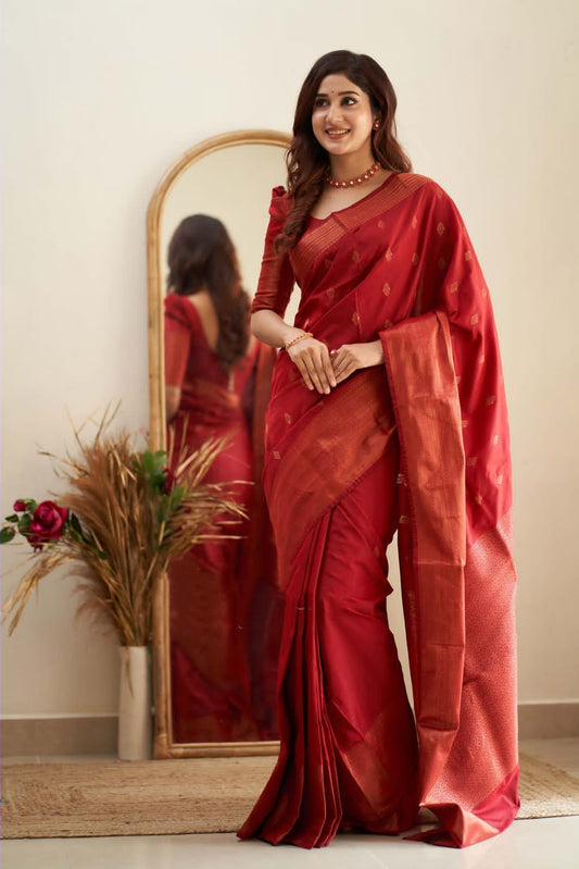 Sumptuous Red Soft Silk Saree With Surreptitious Blouse Piece