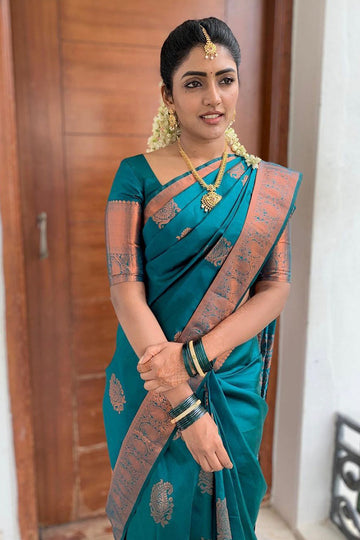 Sensational Rama Soft Banarasi Silk Saree With Flaunt Blouse Piece