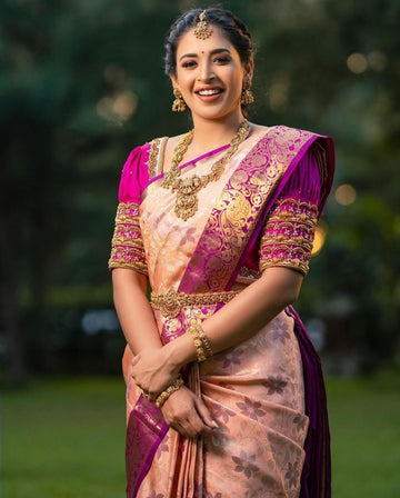 Attractive Peach Soft Banarasi Silk Saree With Lovely Blouse Piece