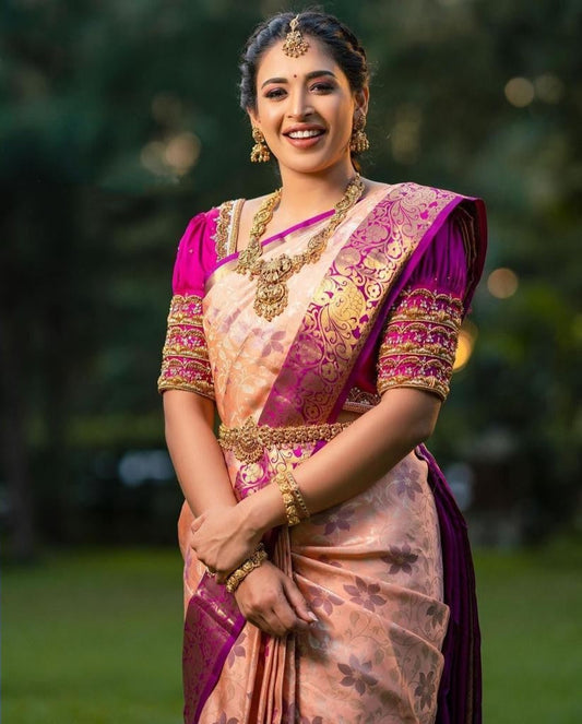 Attractive Peach Soft Banarasi Silk Saree With Lovely Blouse Piece