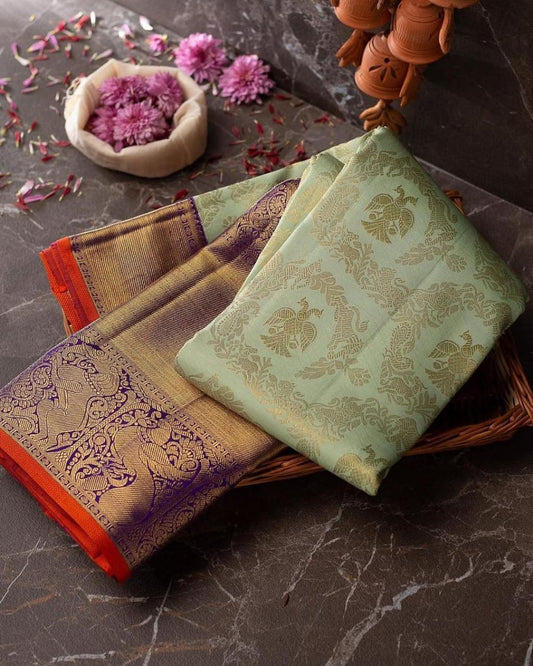 Seraglio Sea Green Soft Banarasi Silk Saree With Divine Blouse Piece