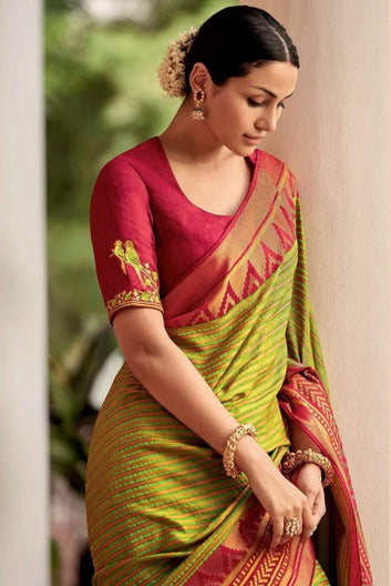 Superb Mehndi Soft Silk Saree With Classic Blouse Piece