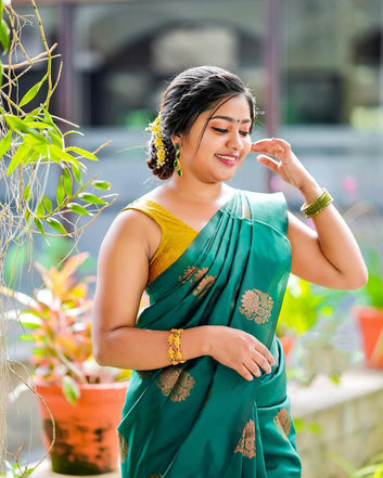 Impressive Rama Soft Silk Saree With Jazzy Blouse Piece