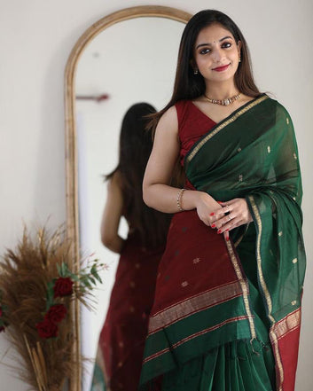 Sophisticated Green Cotton Silk Saree With Prodigal Blouse Piece