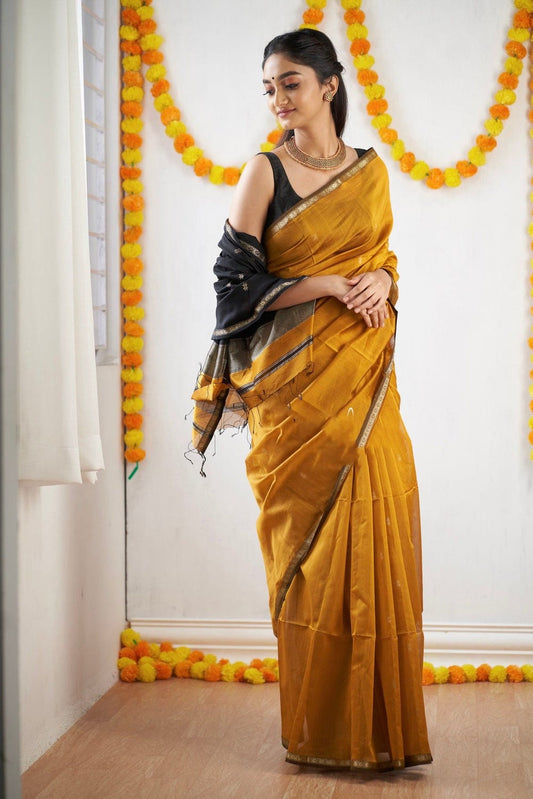 Lovely Mustard Cotton Silk Saree With Refreshing Blouse Piece