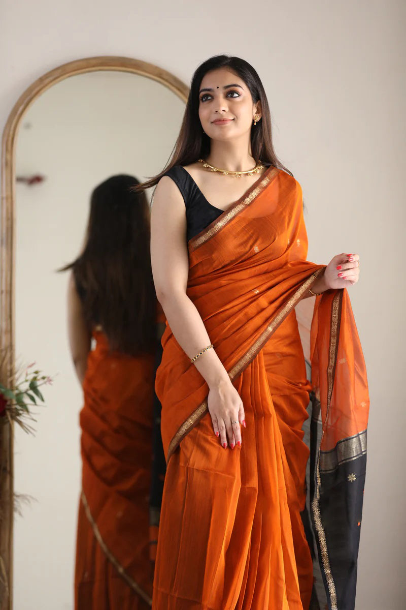 Sophisticated Orange Cotton Silk Saree With Elegant Blouse Piece