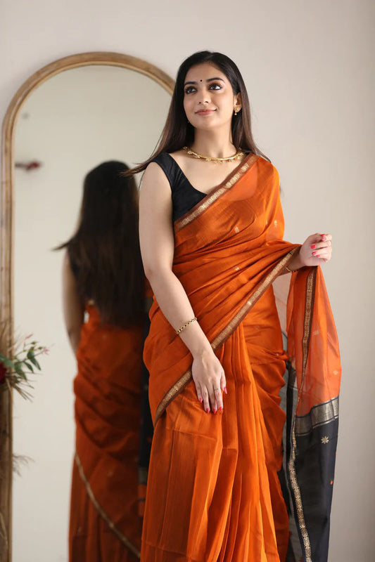 Sophisticated Orange Cotton Silk Saree With Elegant Blouse Piece