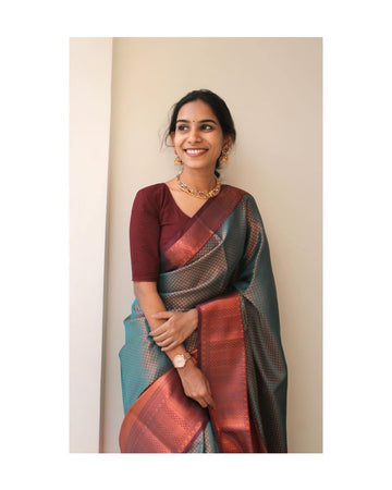 Epiphany Green Soft Banarasi Silk Saree With Forbearance Blouse Piece