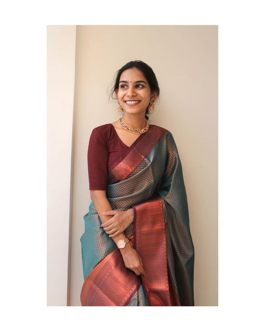 Epiphany Green Soft Banarasi Silk Saree With Forbearance Blouse Piece