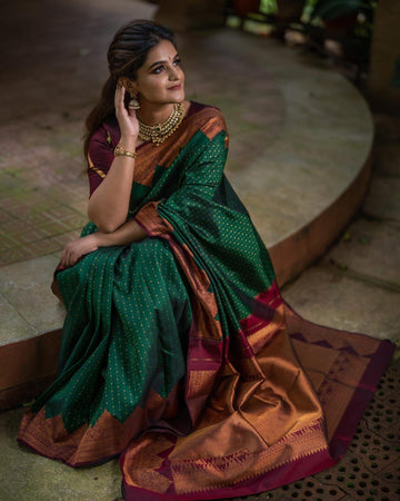 Incomparable Green Soft Silk Saree with Serendipity Blouse Piecee